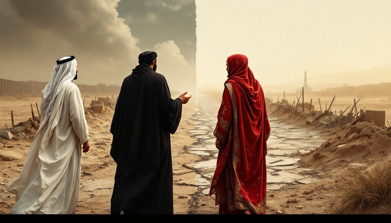 종파 갈등 쿠르드족 영유권 문제 석유와 해협 외세 개입을 각기 상징적으로 보여주는 4분할 합성 이미지