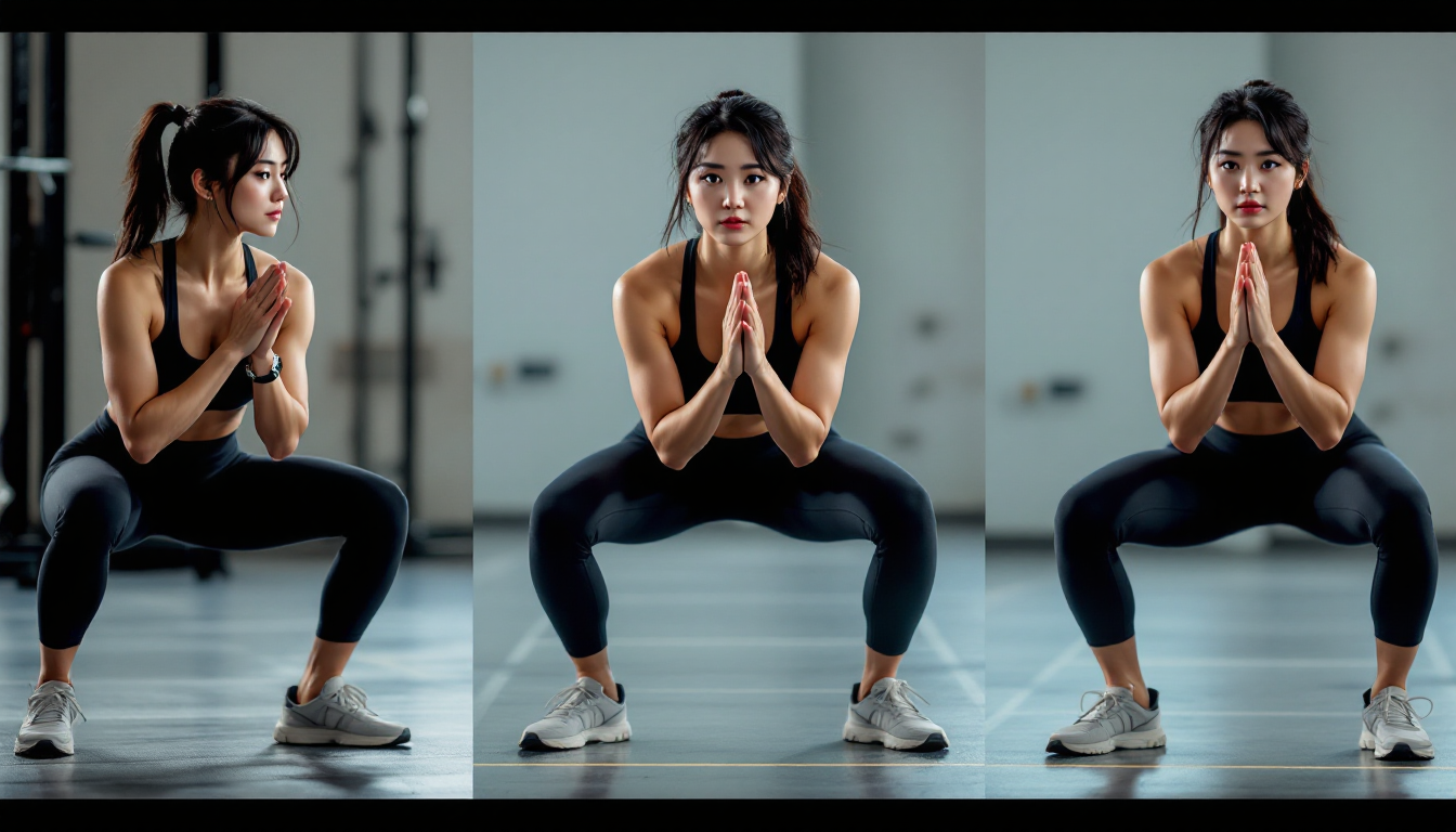 와이드스쿼트 런지 플랭크 레그레이즈 니푸시업 슈퍼맨 동작을 각각 시연하는 한국인 여성의 6패널 사진 콜라주 이미지