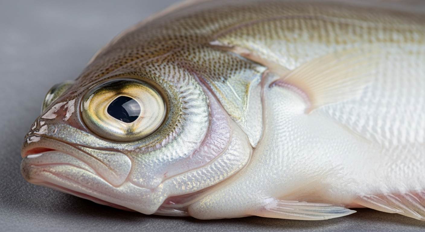 신선한 도다리의 투명한 눈과 희고 광택 나는 배, 점액질이 보이는 자세한 모습