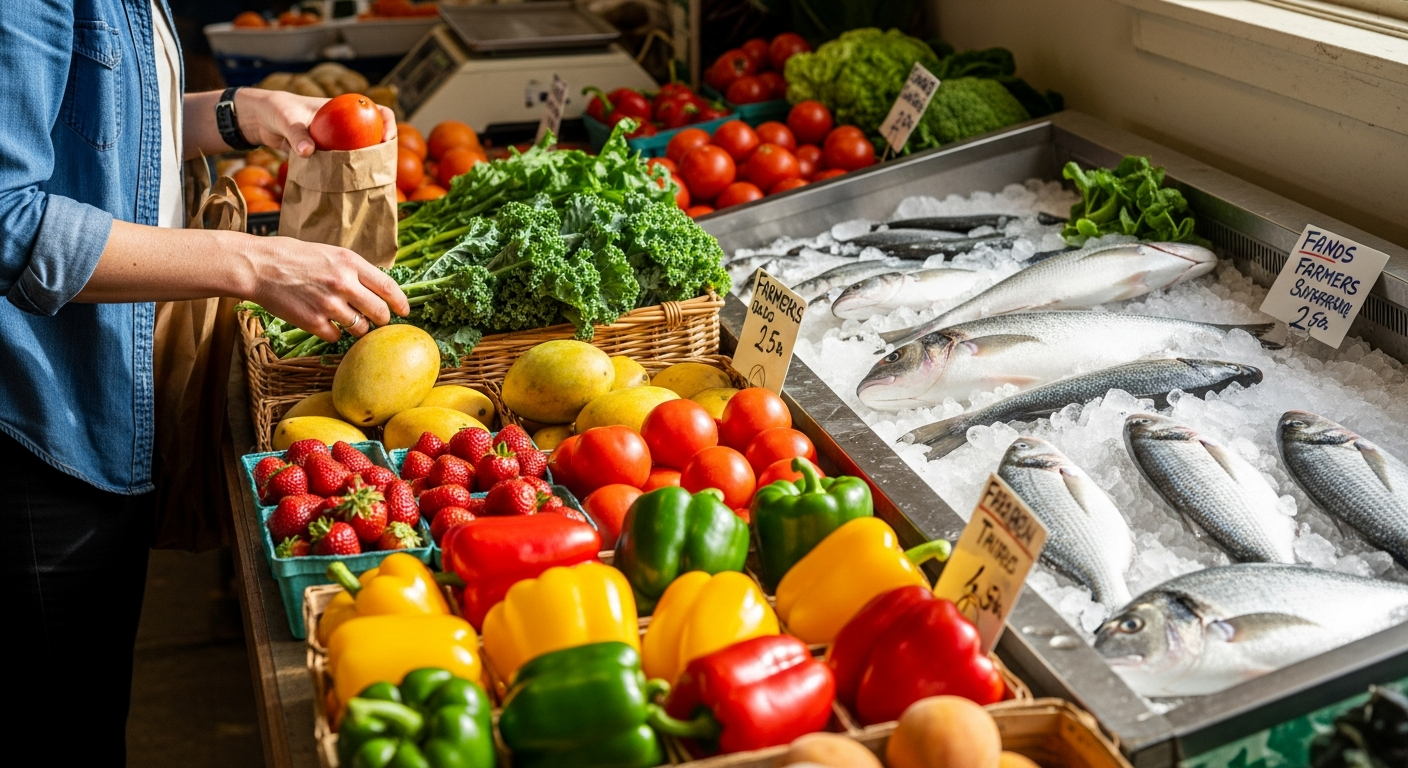 신선한 제철 식재료를 고르는 모습과 지역 농산물 시장의 밝고 청결한 분위기