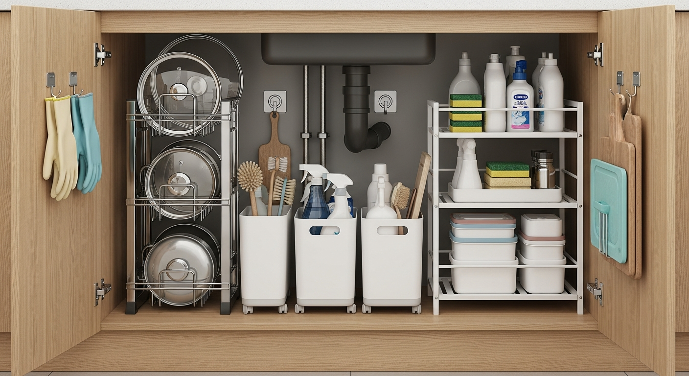 싱크대 하부장을 효율적으로 활용한 한국식 주방 수납 이미지