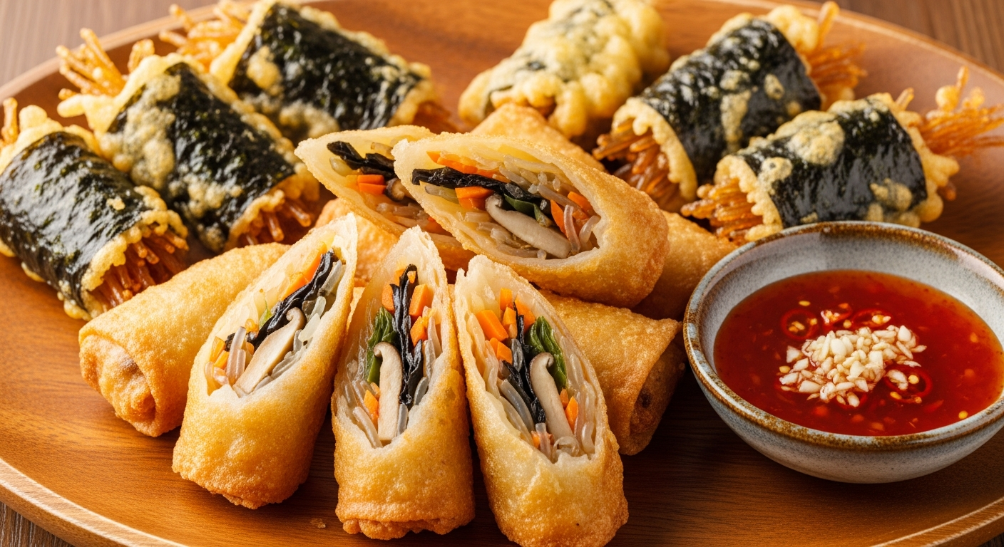 바삭하게 튀겨진 잡채 스프링롤과 김말이와 칠리 소스가 함께 있는 모습
