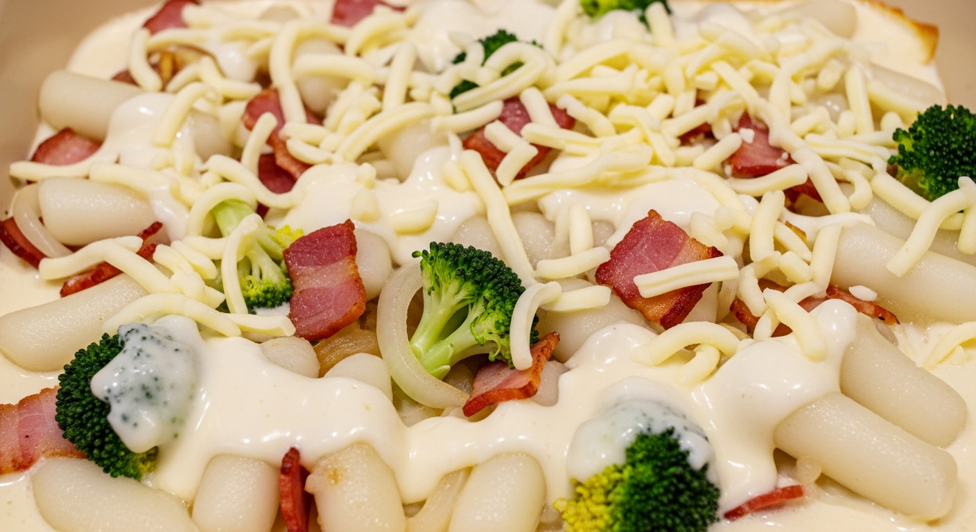 떡국떡과 베이컨, 브로콜리, 양파를 크림소스와 섞어 그라탕 용기에 담는 모습