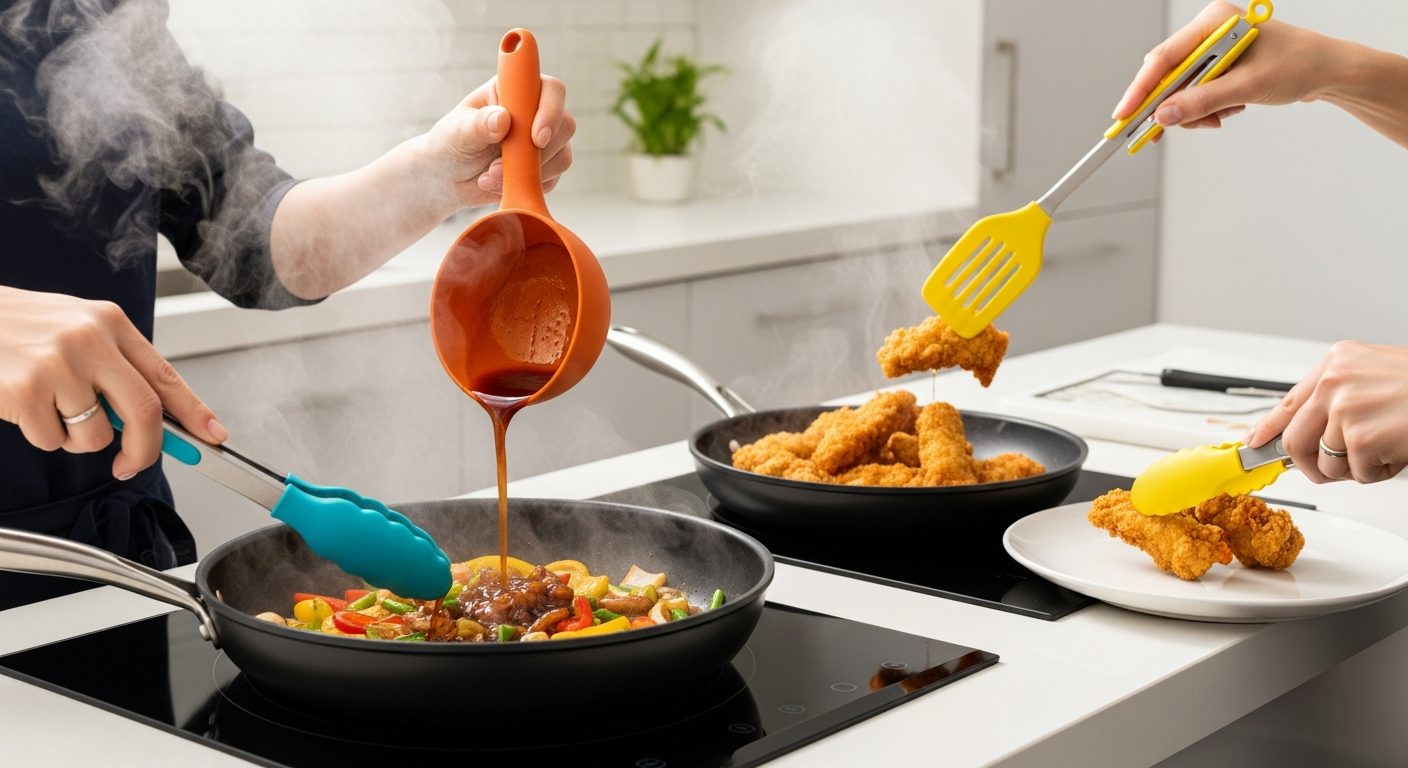 국자와 집게, 뒤집개를 조합해 효율적으로 요리하는 모습을 보여주는 이미지