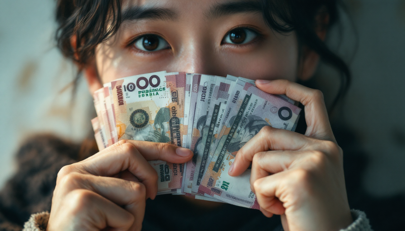 돈과 관련된 꿈을 꾸고 자신의 가치와 재물운을 숙고하는 한국인 성인의 근접 사진