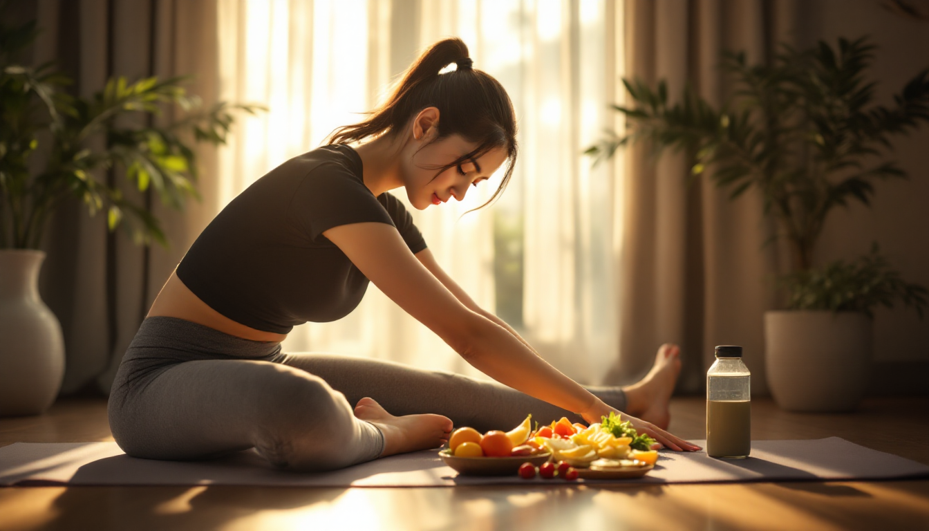 요가 매트 옆 균형식과 물병이 놓인 채 상쾌하게 스트레칭하며 활기찬 표정의 한국 여성