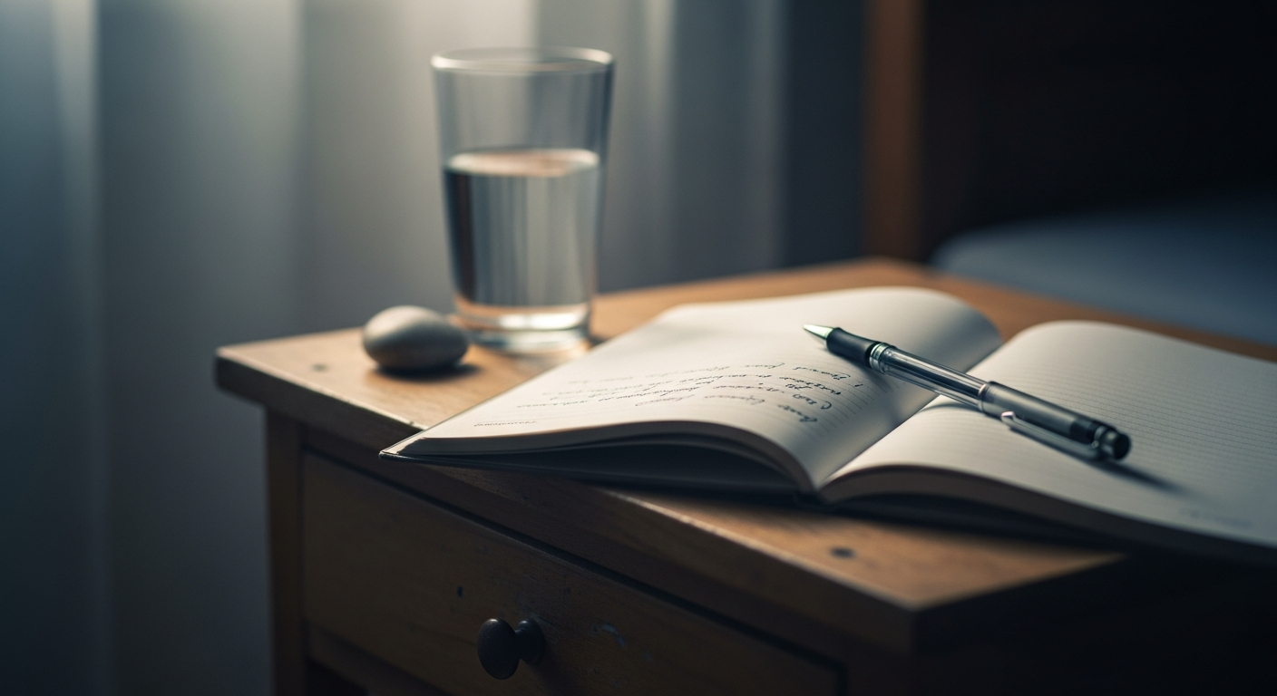 꿈 일기 작성과 자기 탐험을 상징하는 침대 옆 노트와 펜 이미지