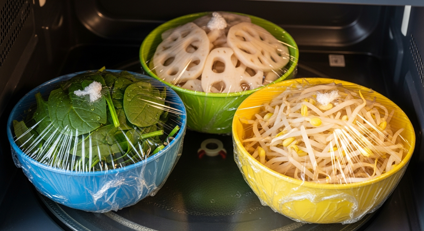 전자레인지로 조리 준비된 나물 3종이 각각 담긴 내열 용기들