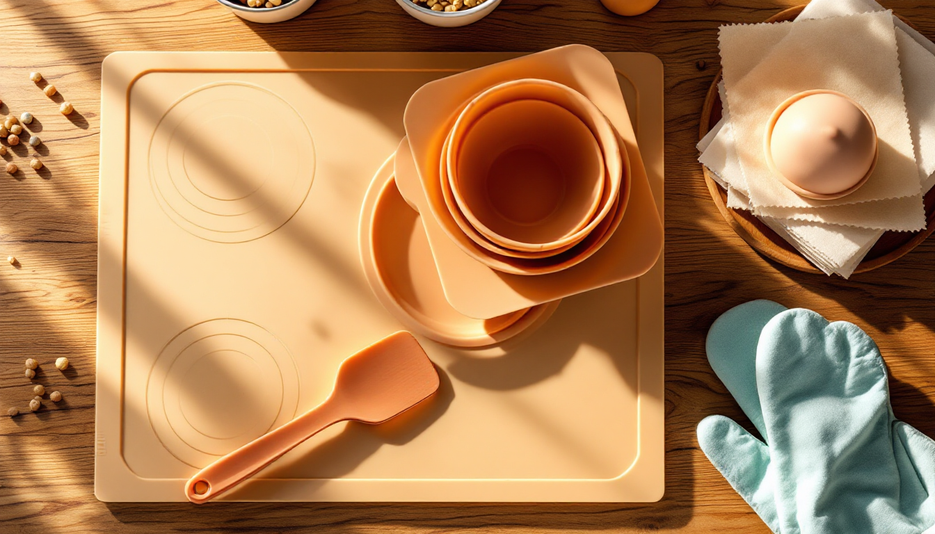 실리콘 베이킹 매트 머핀틀 일체형 스패츌라 오븐 장갑을 나무 조리대에 정돈해 놓은 제품 소개 사진