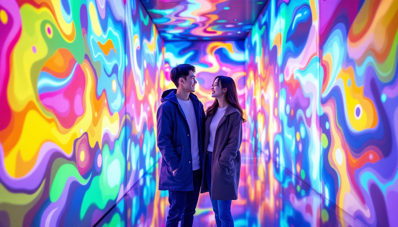 성수동 미디어 아트 설치 전시 속 다채로운 빛 속에서 사진을 찍는 한국인 커플