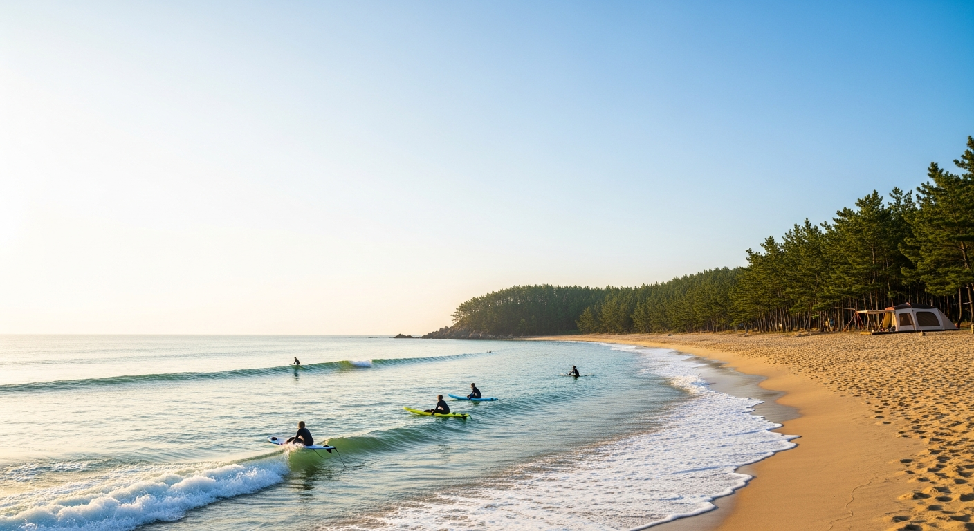 전남 고흥 남열해돋이해수욕장의 고요한 일출과 캠핑 풍경