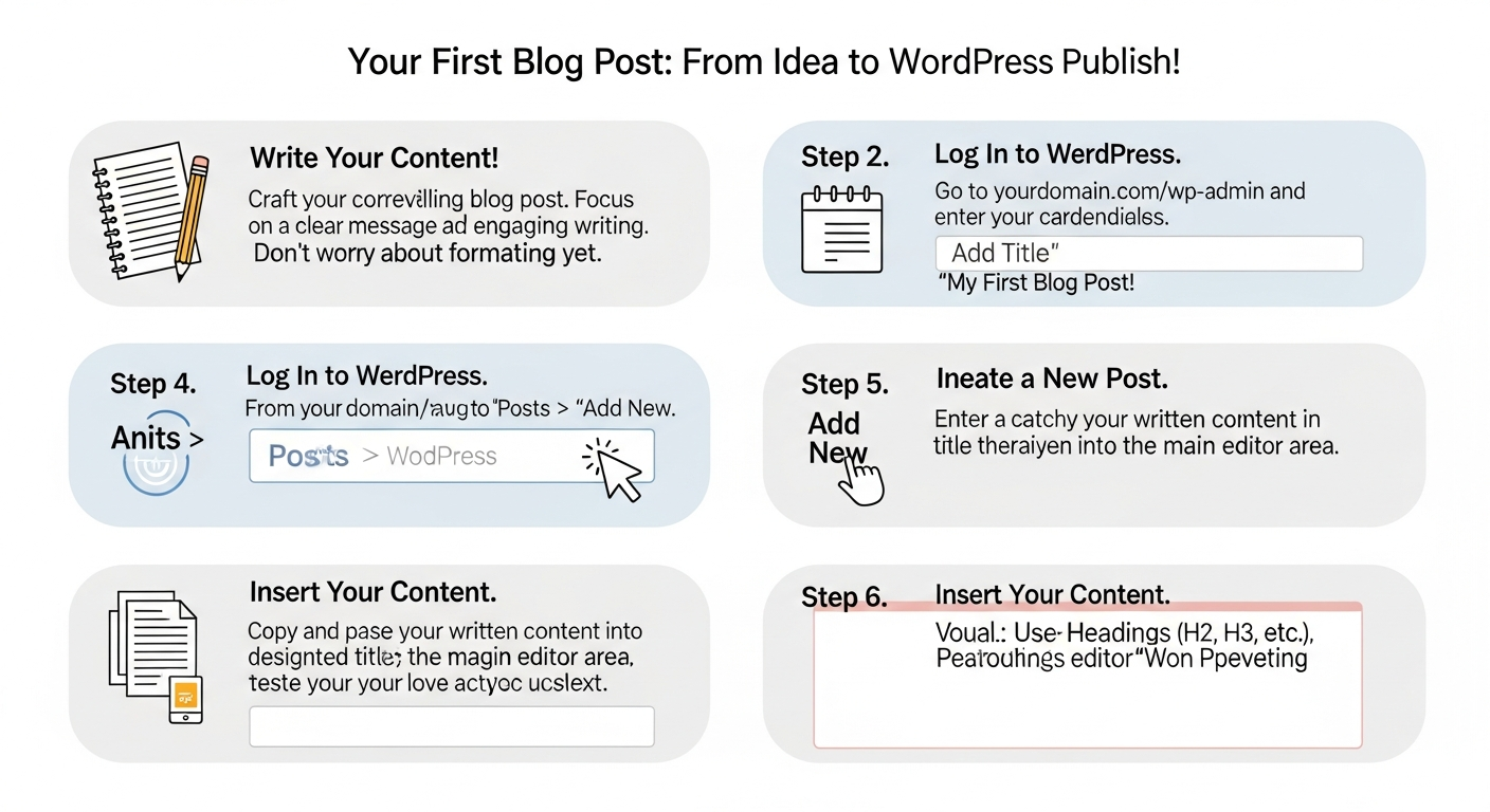 첫 블로그 글 작성과 발행 과정을 단계별로 쉽게 보여주는 친근한 인포그래픽 일러스트