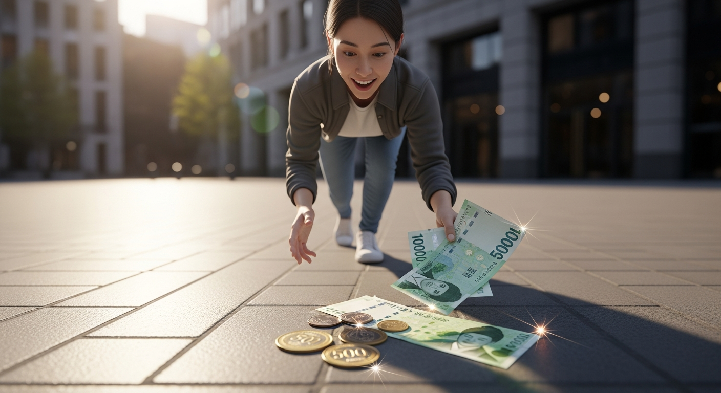 돈 새 지폐와 동전을 줍는 한국 사람의 모습