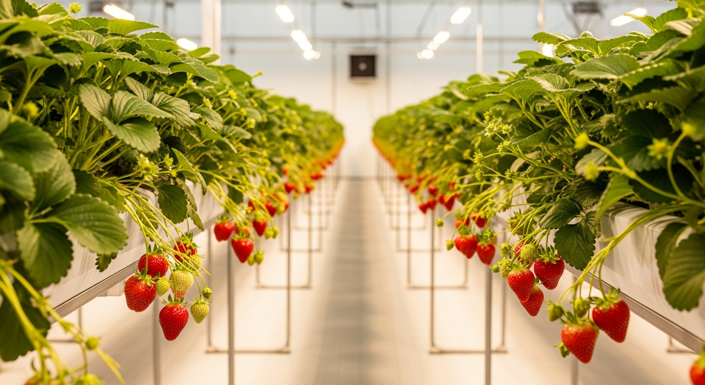 아기와 부모가 편안하게 딸기 수확 체험하는 실내 딸기농장 모습