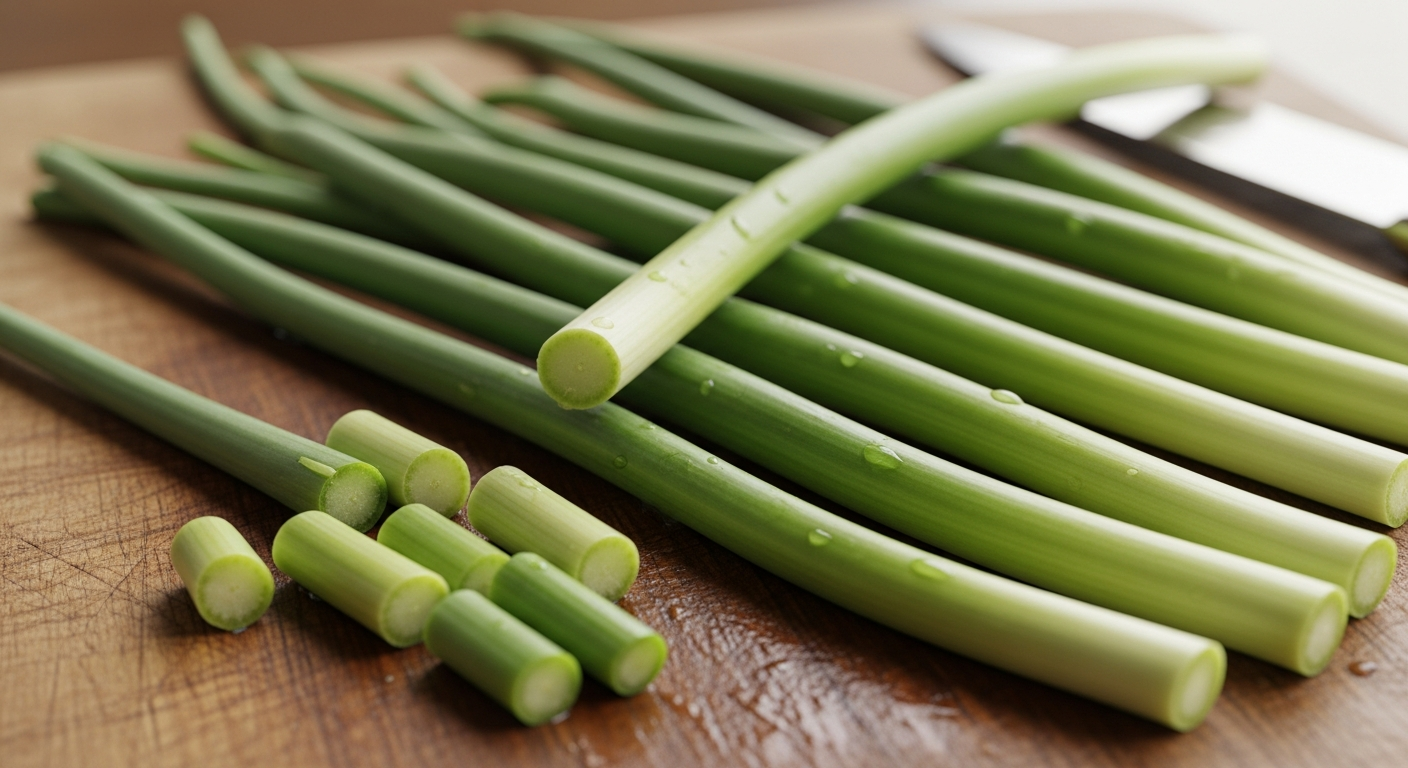 아삭한 식감의 마늘쫑이 나무 도마 위에 정갈하게 놓여있는 모습