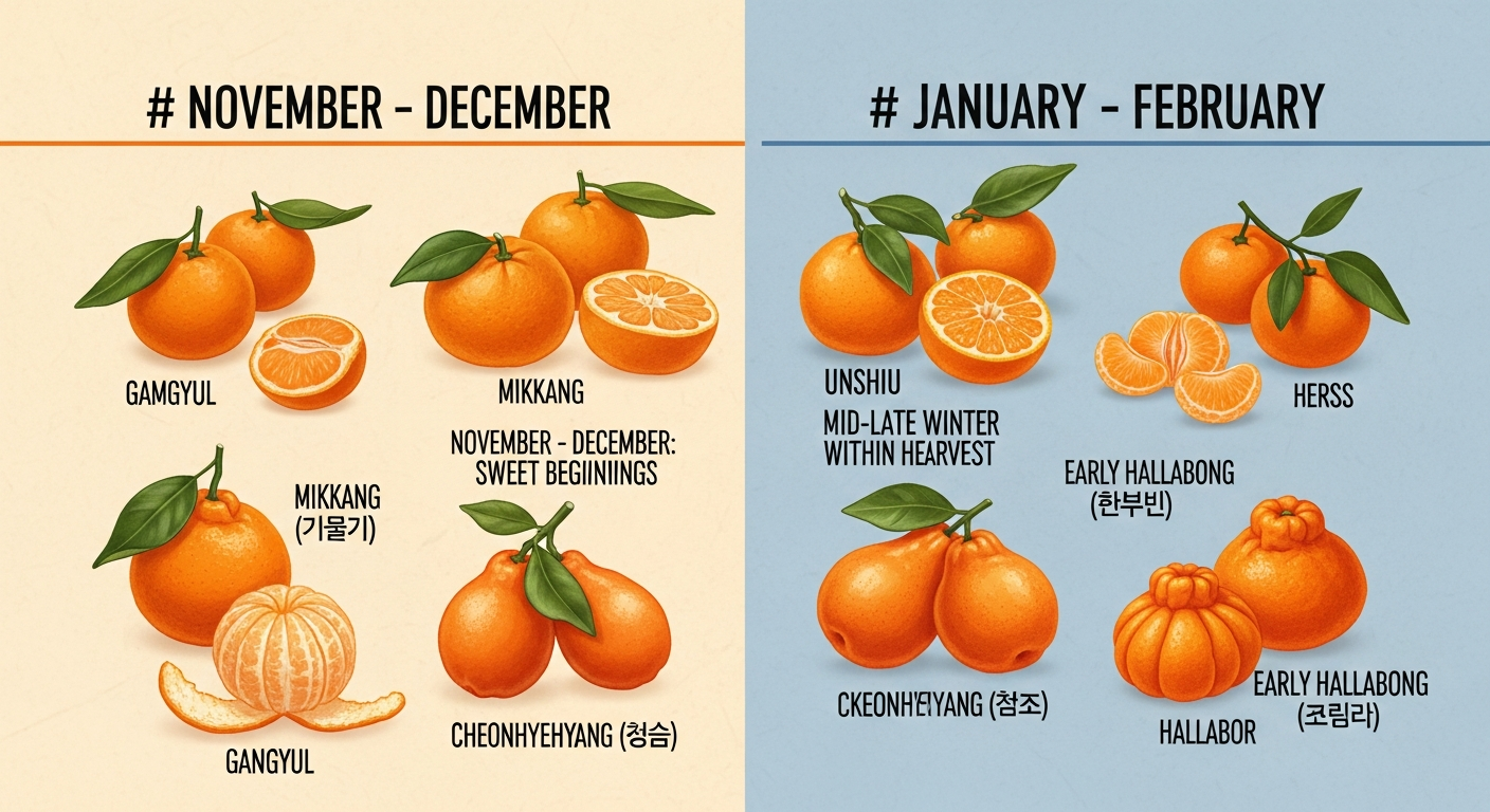 제주도 감귤 수확 시기별 종류와 특징을 나타내는 시즌형 인포그래픽
