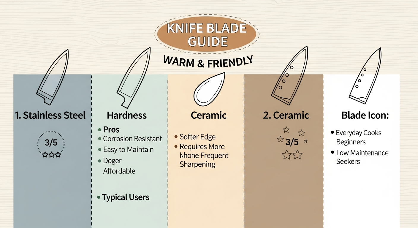 칼날 소재별 장단점과 경도, 추천 사용자 등이 일러스트로 정리된 비교 표