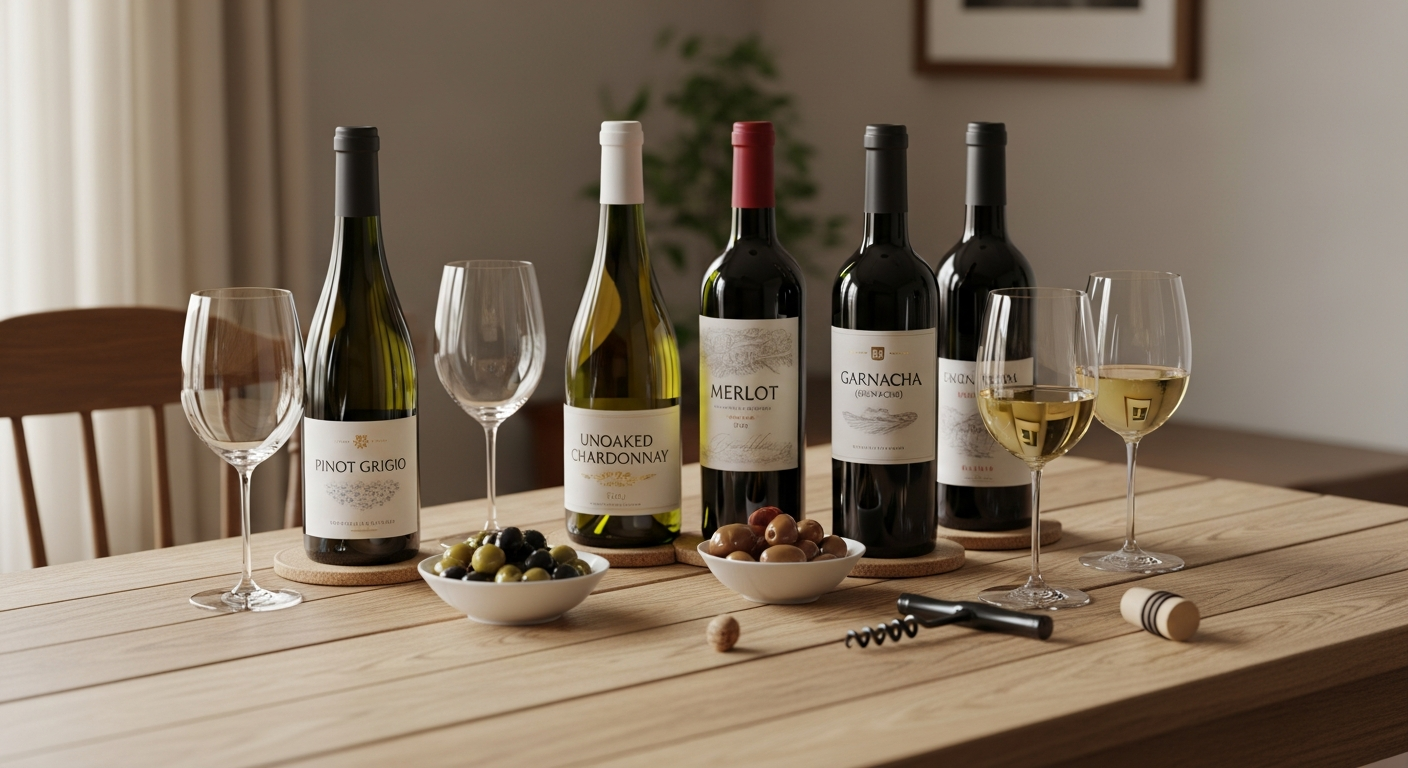 초보자를 위한 부드러운 산도의 와인과 간단한 안주가 한국식 아늑한 실내에 놓여진 이미지