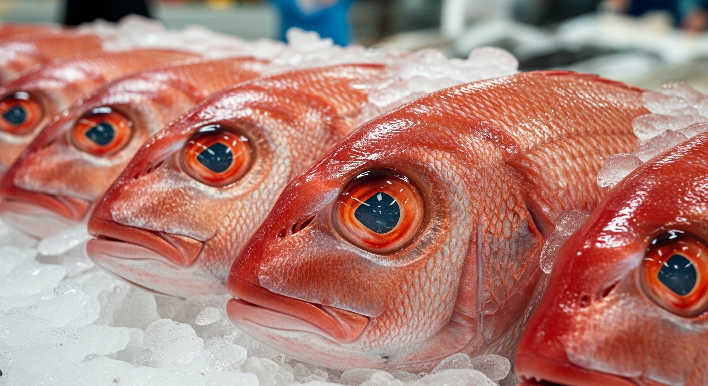 신선한 참돔의 투명한 눈과 붉은 비늘, 선홍색 아가미가 돋보이는 시장 진열 모습