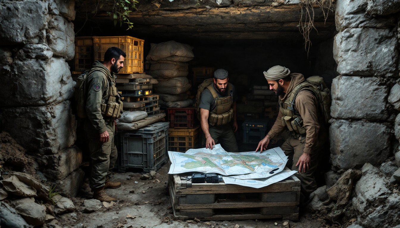 레바논 남부의 위장된 터널 입구와 내부 보급품을 보여주며 비대칭 전술과 생존 전략을 암시하는 이미지