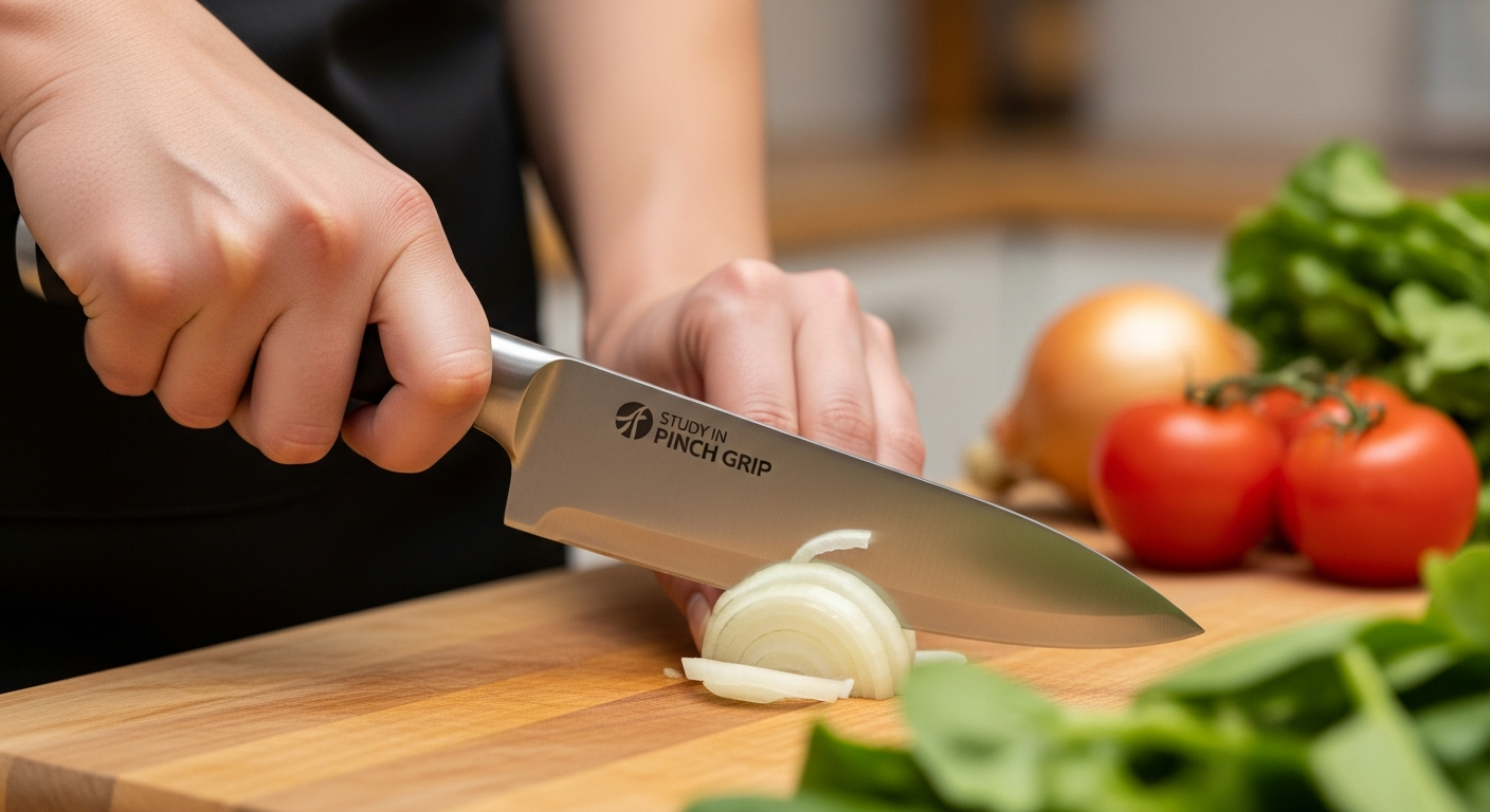 주방 칼을 올바른 핀치 그립으로 잡고 있는 손 클로즈업
