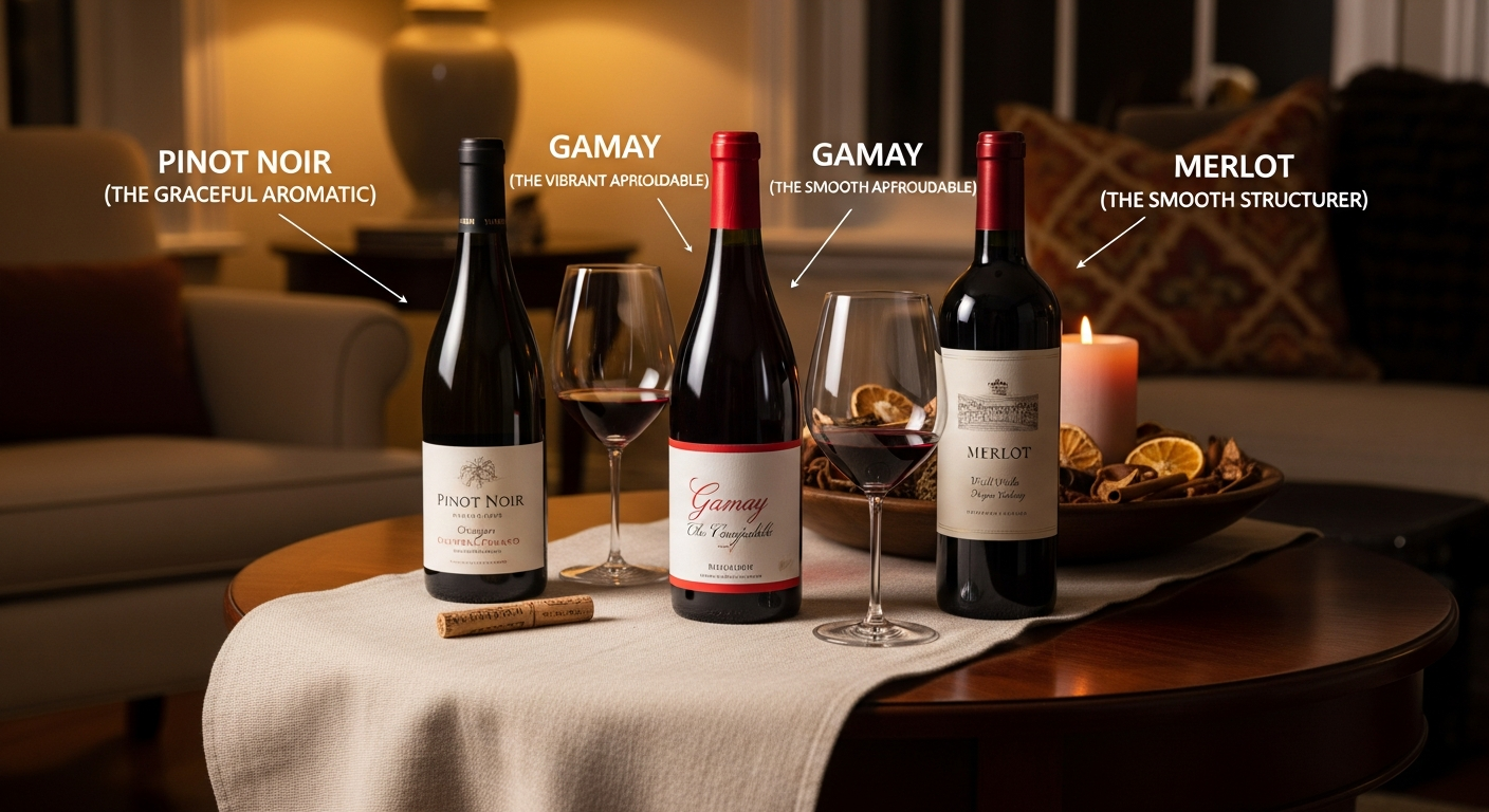 부드러운 탄닌을 가진 대표 레드 와인 3종의 와인병과 와인잔 이미지