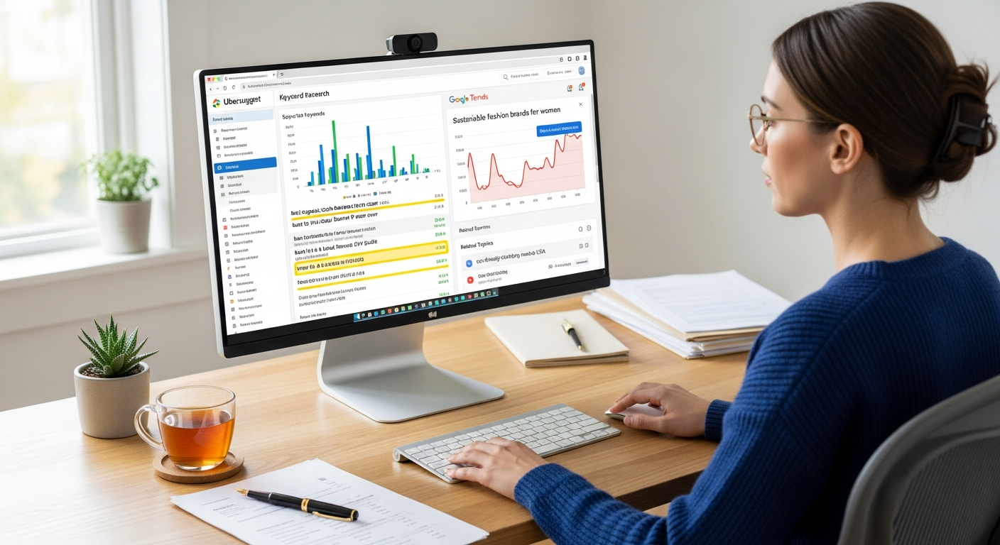 Ubersuggest와 Google Trends 도구를 활용해 키워드 리서치를 하는 모습