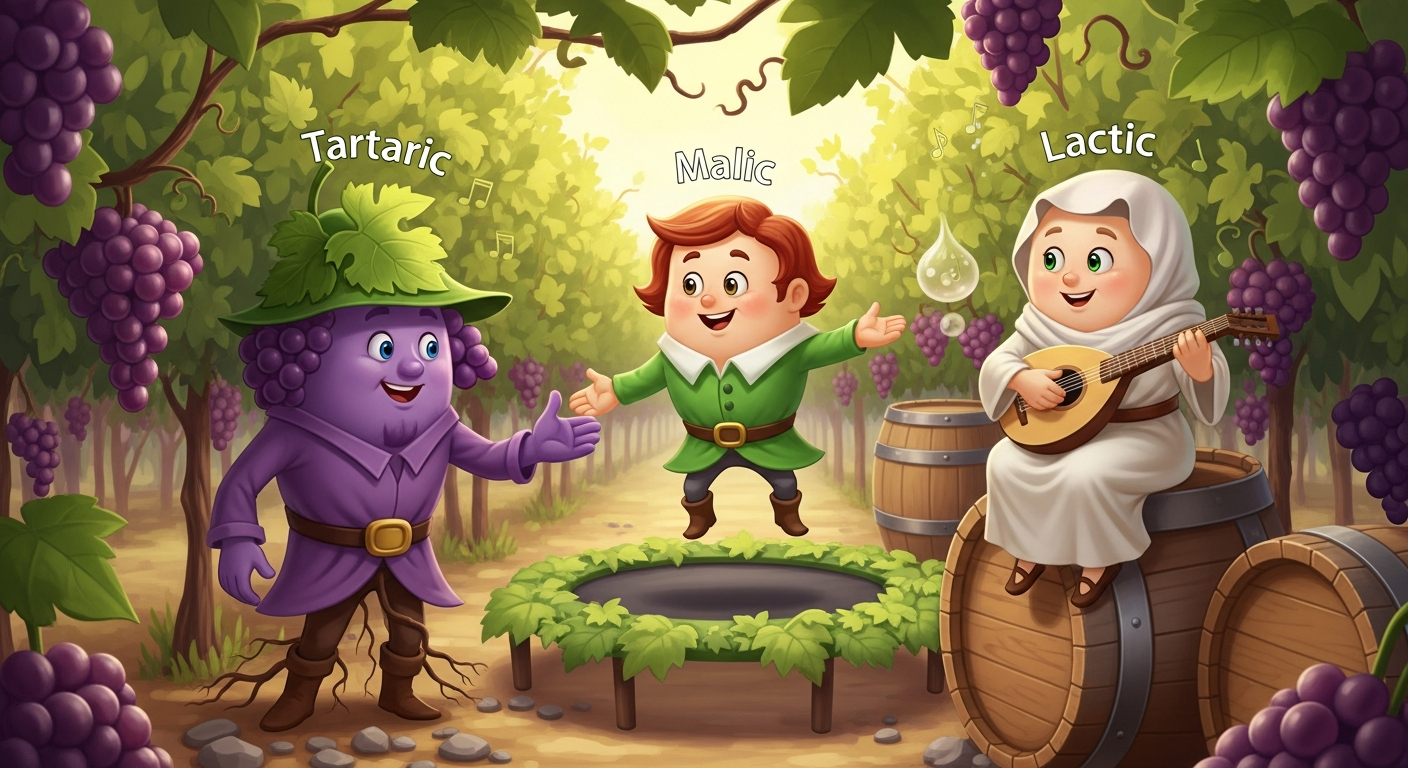 따뜻한 동화풍 일러스트로 표현된 포도와 와인 배럴 사이에서 조화를 이루는 주석산, 사과산, 젖산 캐릭터들