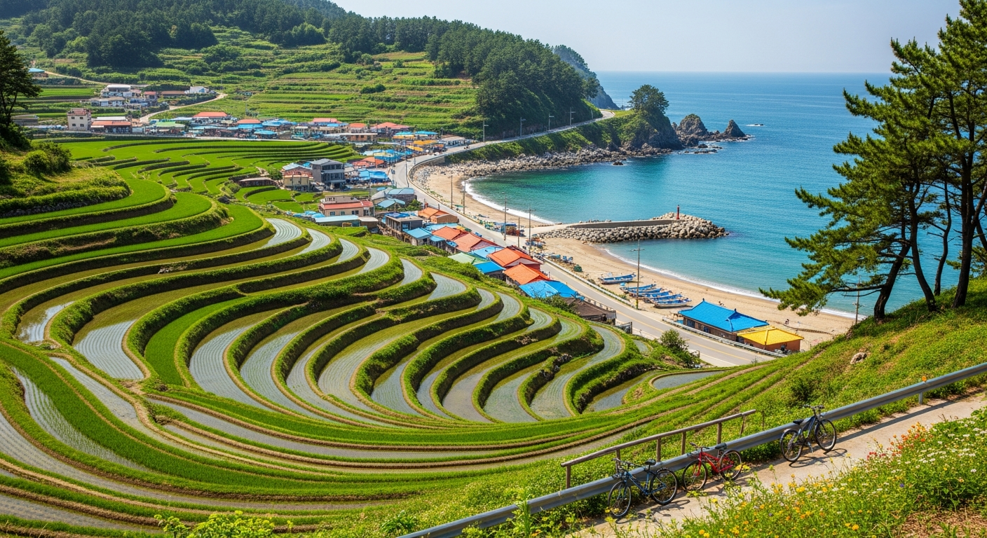 남해의 다랭이마을과 독일마을을 배경으로 한 이국적인 조용한 해안 풍경