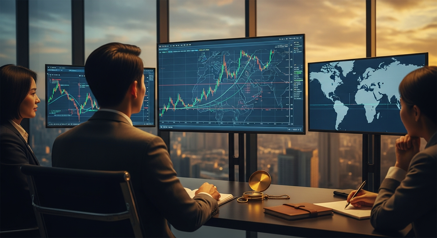 사무실에서 중동 유가 차트를 보며 전략을 점검하는 한국인 투자자의 모습