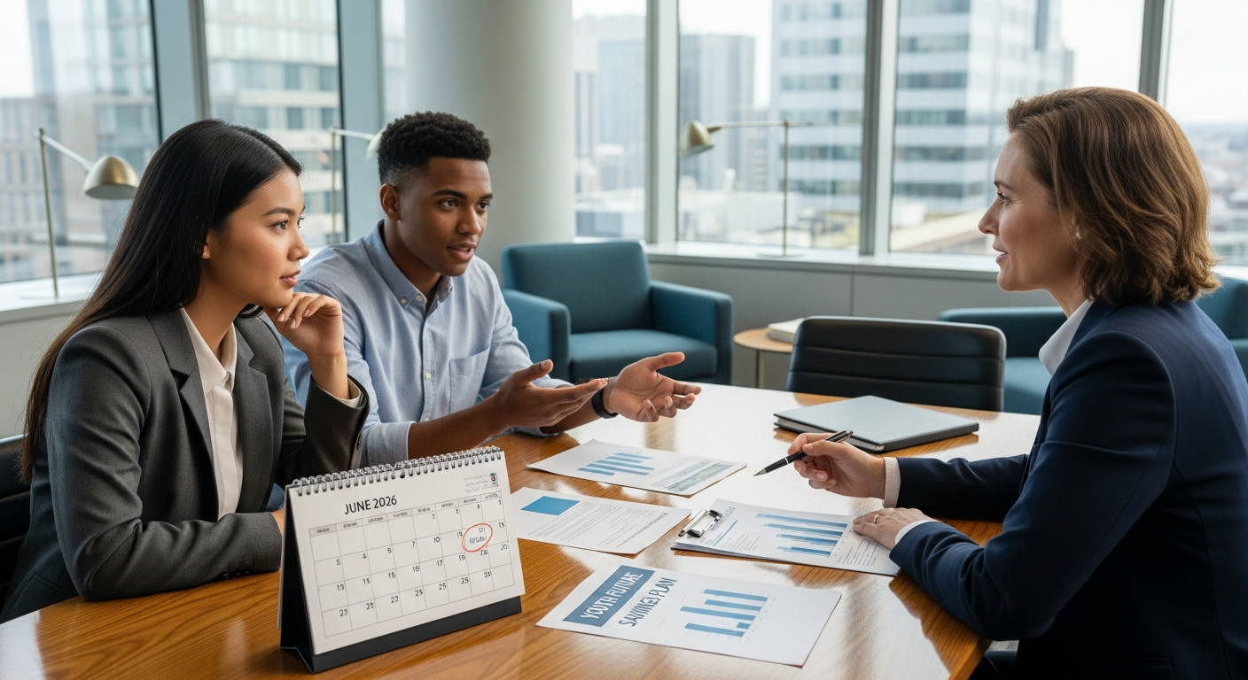 청년들이 금융 상담사와 함께 미래 적금 계획을 세우는 모습