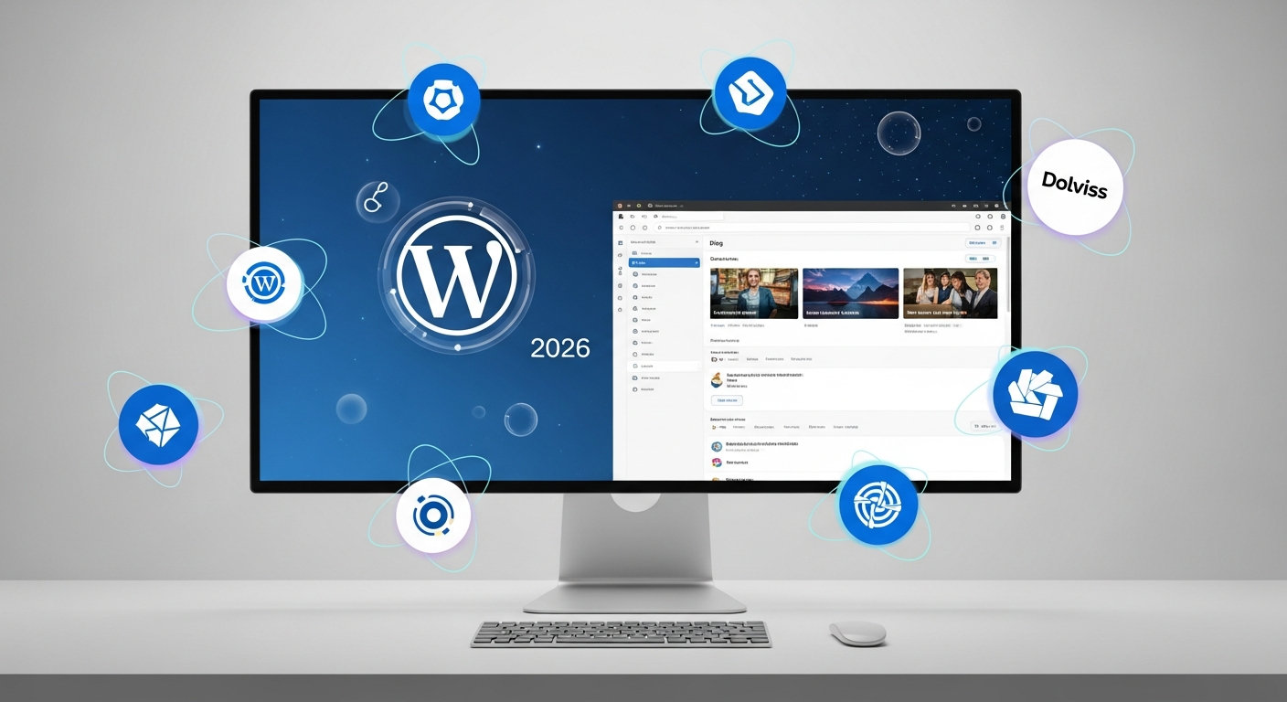 2026년 워드프레스 블로그 시작을 상징하는 컴퓨터 화면과 도메인, 호스팅 아이콘