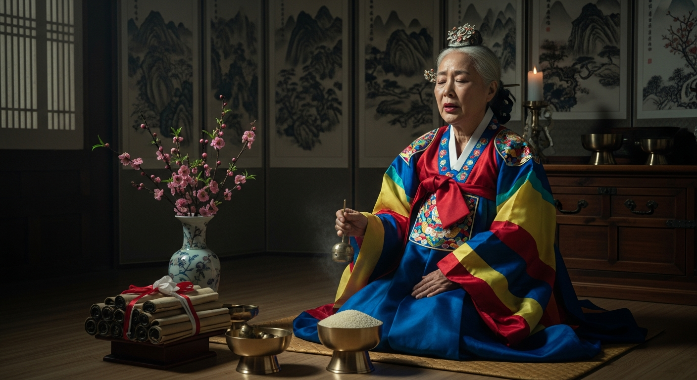 한국 무당 영력이 드러나는 신들림 의식을 하는 모습