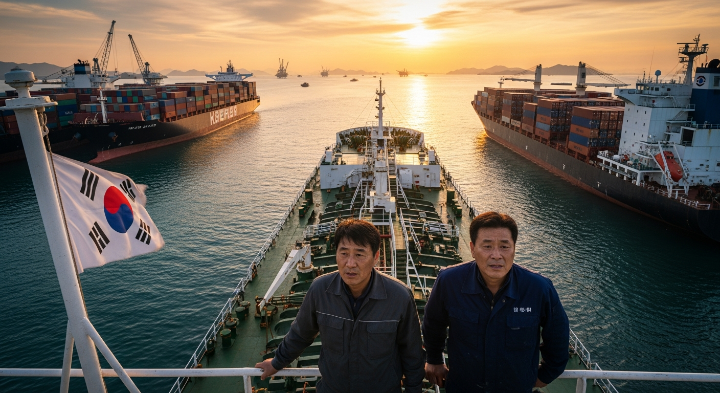 호르무즈 해협 인근에 정박한 한국 국적 선박과 긴장감 있는 한국 선원들 모습