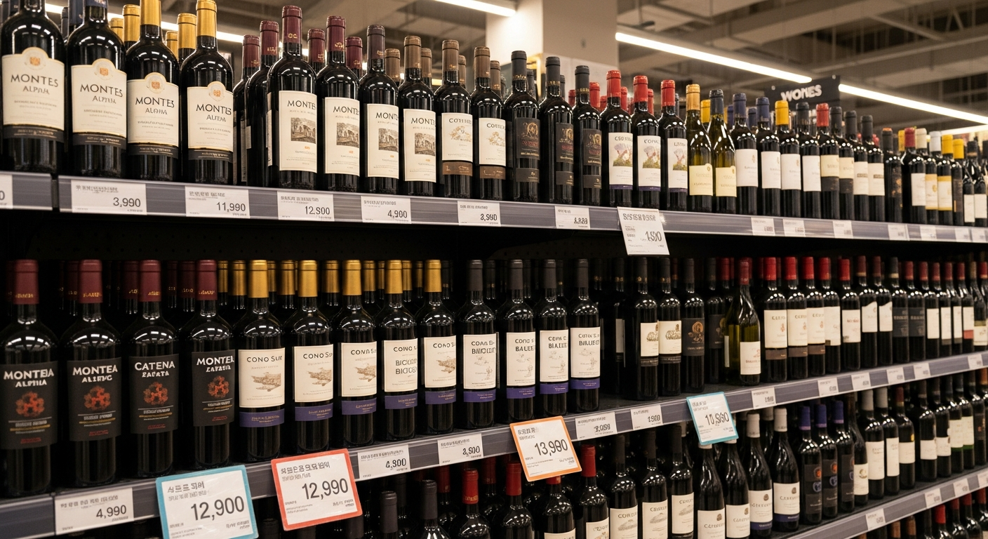 한국 대형마트 와인 매대의 다양한 가성비 와인들이 잘 진열되어 있는 모습