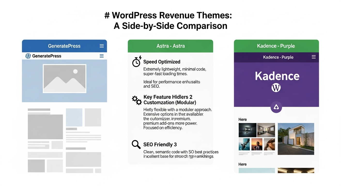 GeneratePress Astra Kadence 세 가지 워드프레스 수익형 테마의 주요 특징을 비교하는 인포그래픽