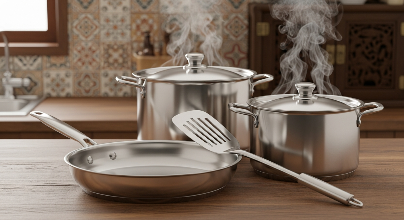 한국적 주방 배경 속 스테인리스 스틸 조리기구들