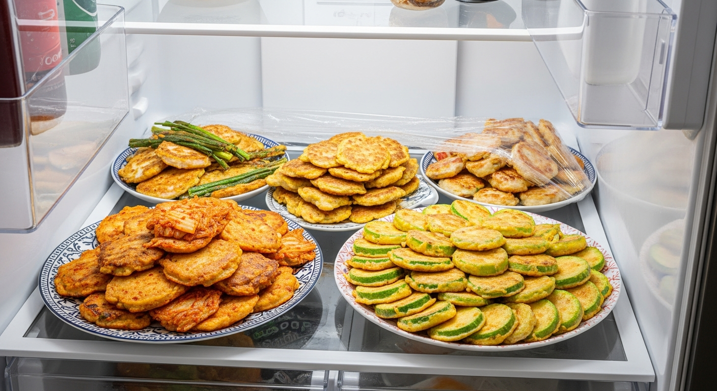 명절 후 냉장고 문을 열었을 때 쌓여있는 남은 전 요리 모습