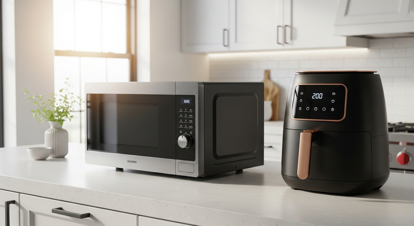 현대적인 주방 카운터에 놓인 세련된 전자레인지와 스타일리시한 에어프라이어 이미지
