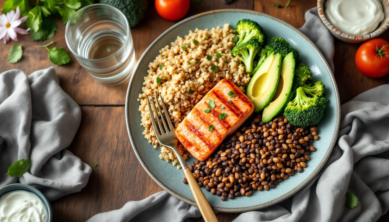 회복과 감량을 돕는 균형식 접시 고등어 또는 연어 현미 아보카도 브로콜리 렌틸콩 그릭요거트를 담은 사진
