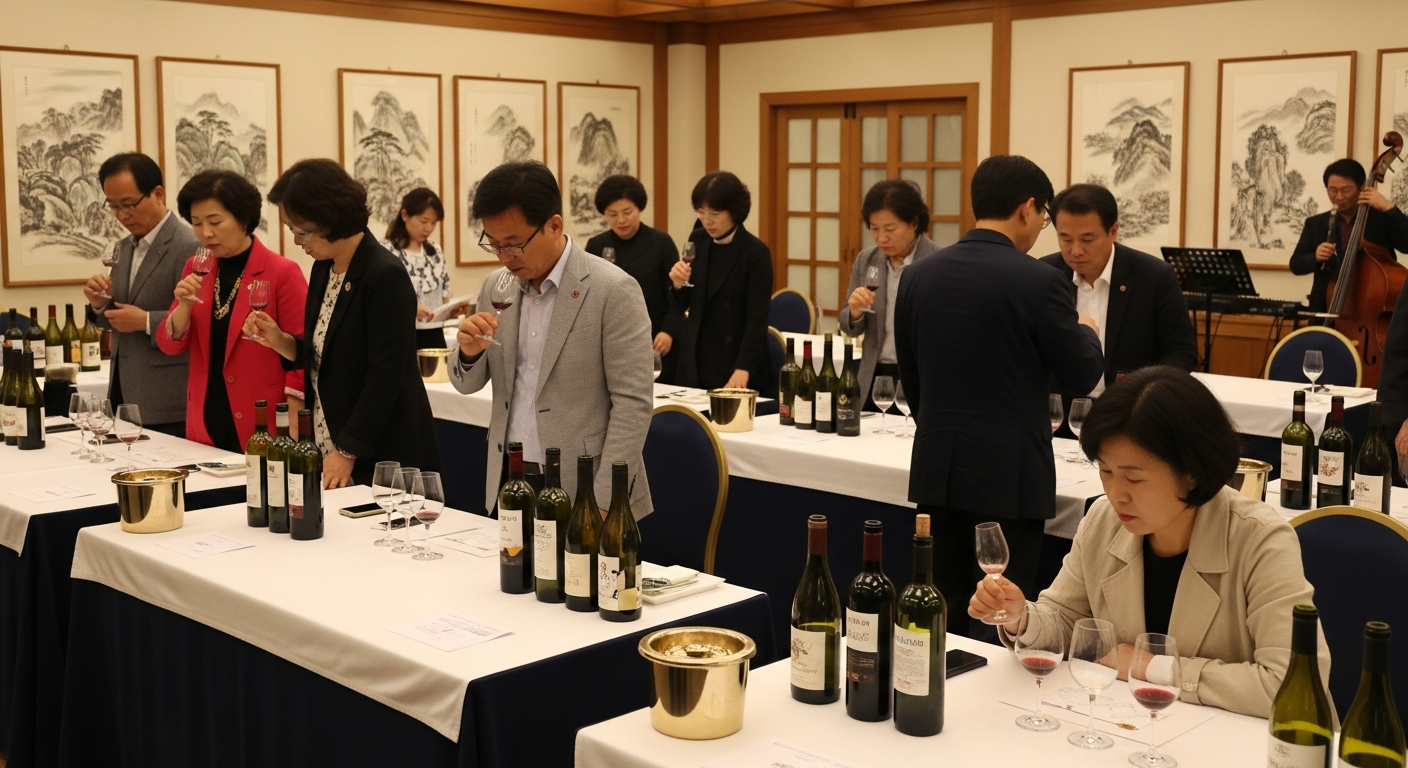 한국에서 열린 와인 시음회에서 참가자들이 와인을 시음하는 모습