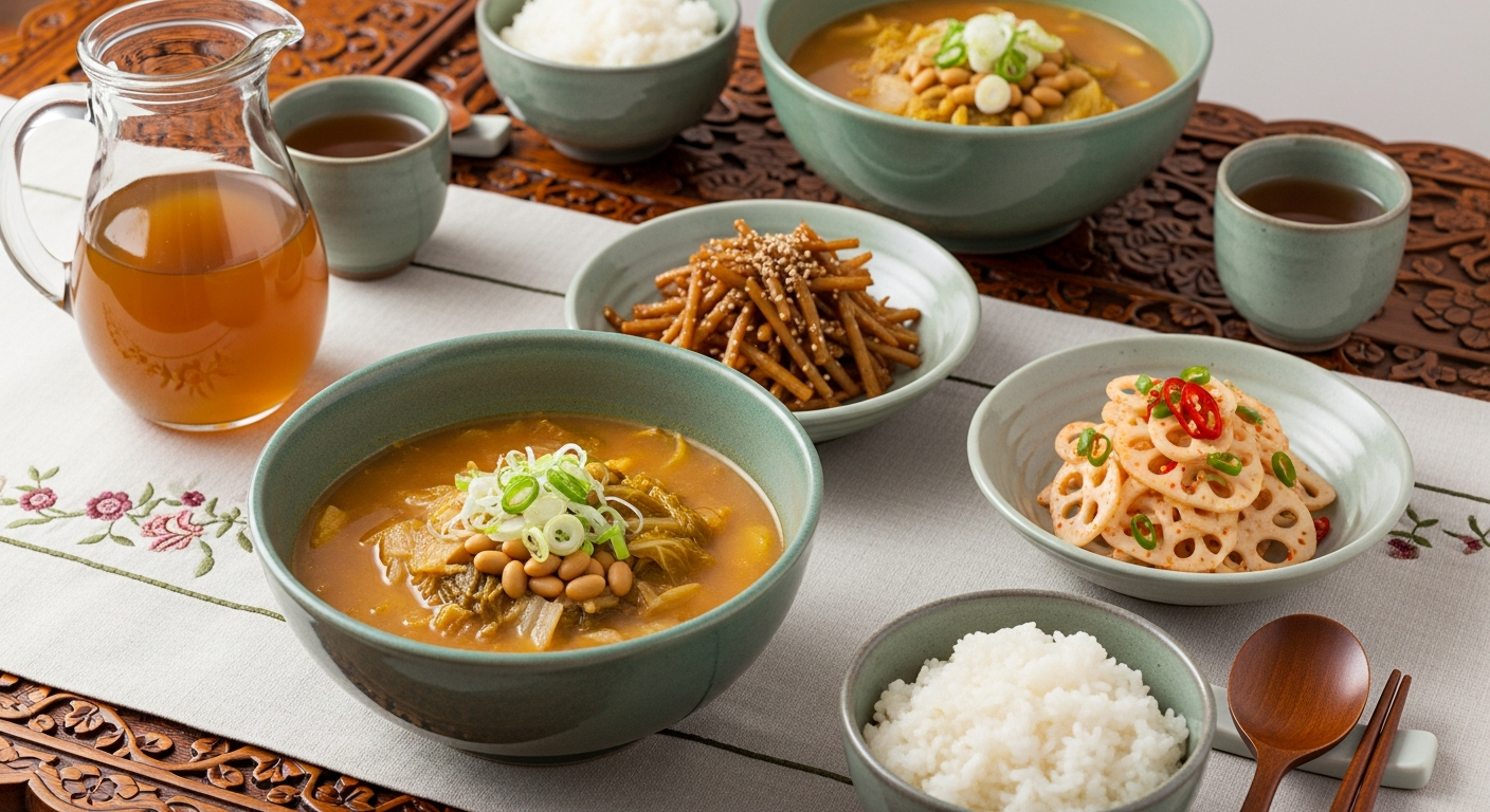 봄동 된장국, 우엉 조림, 도라지 무침이 차려진 전통 한상 차림