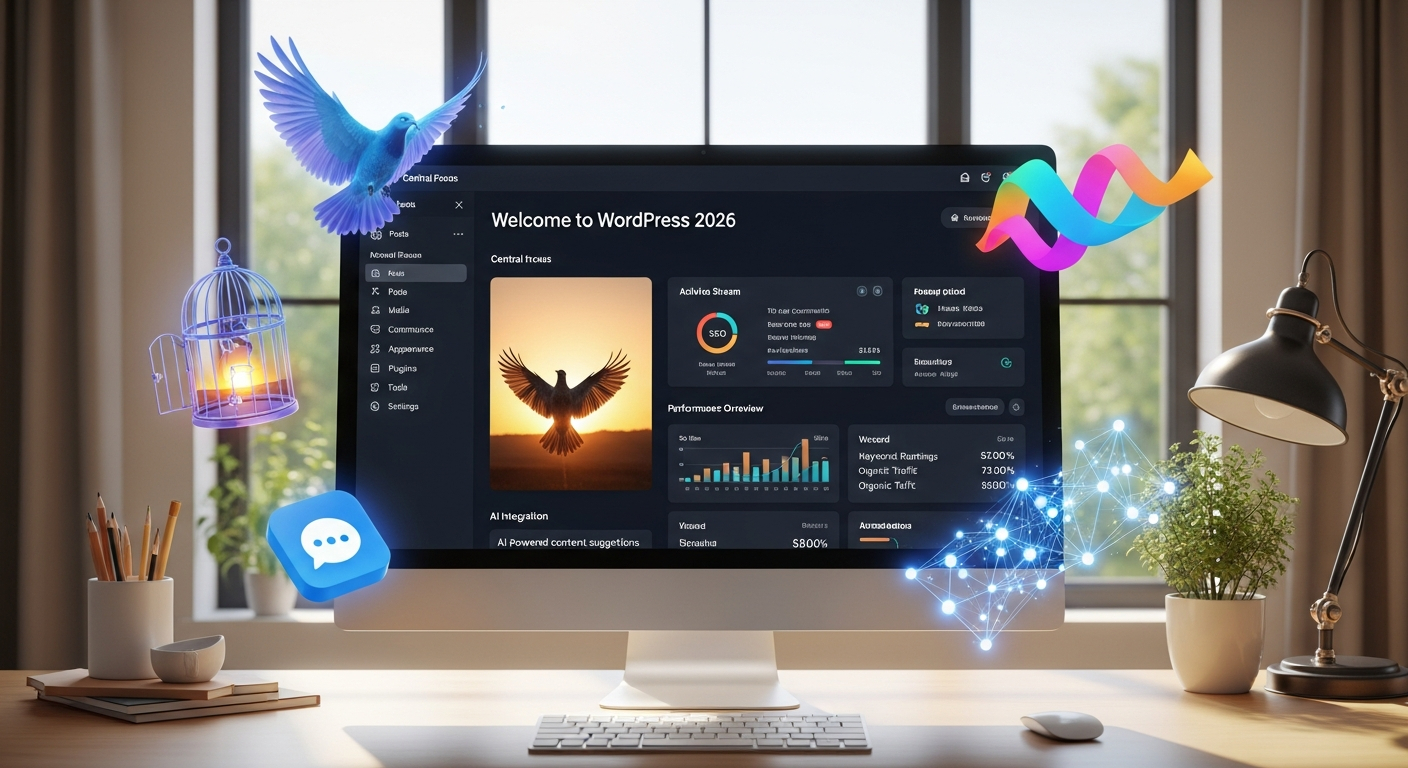 2026년 디지털 시대 워드프레스의 강력함과 자유도를 상징하는 워드프레스 대시보드와 관련 아이콘들이 있는 현대적인 작업 공간