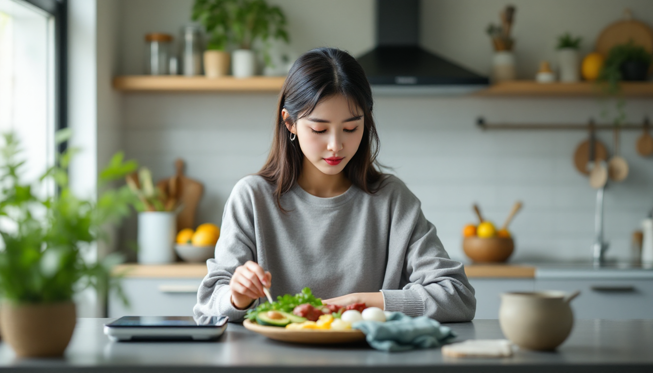 고민하는 한국 여성과 체중계 및 케토 식단이 담긴 접시를 보여주는 이미지