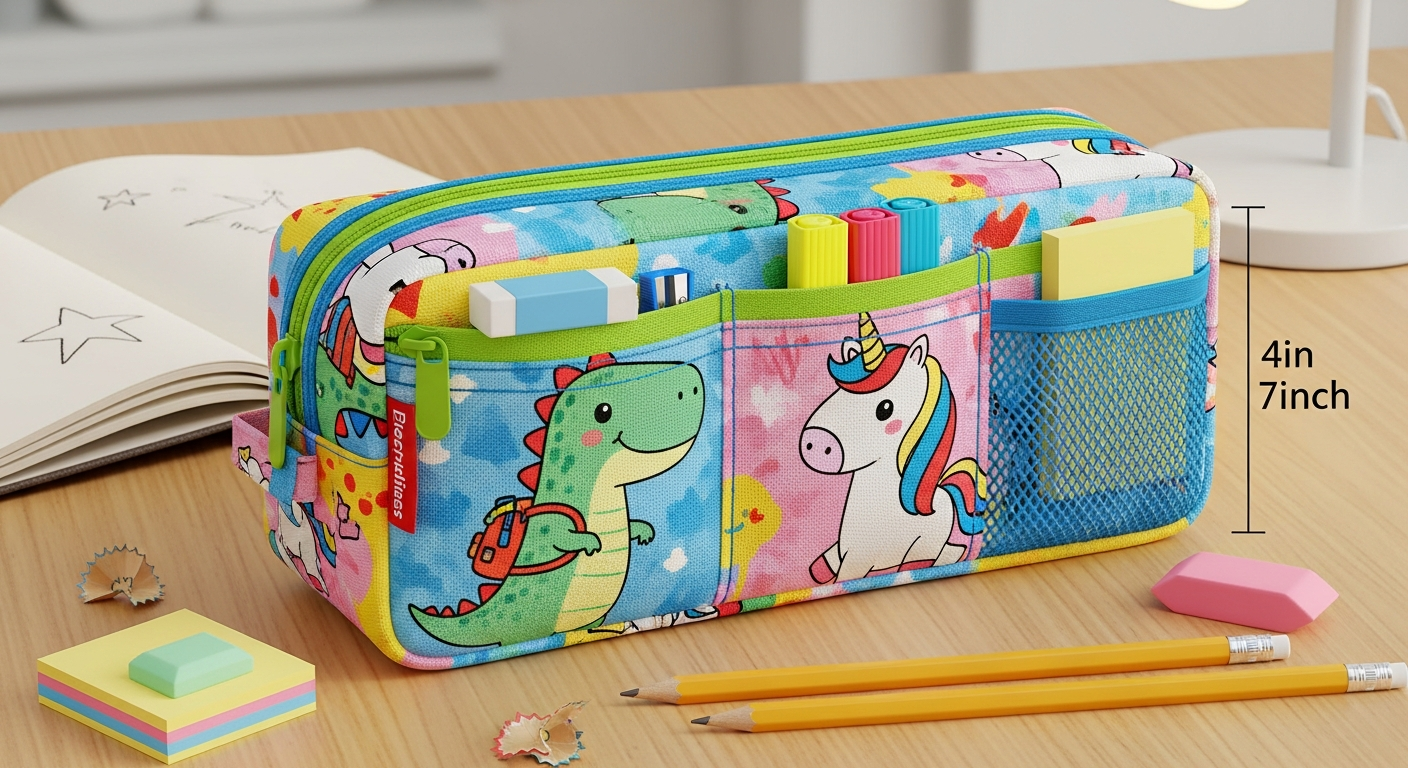 칸이 나뉜 귀여운 캐릭터 디자인의 천 소재 파우치형 필통