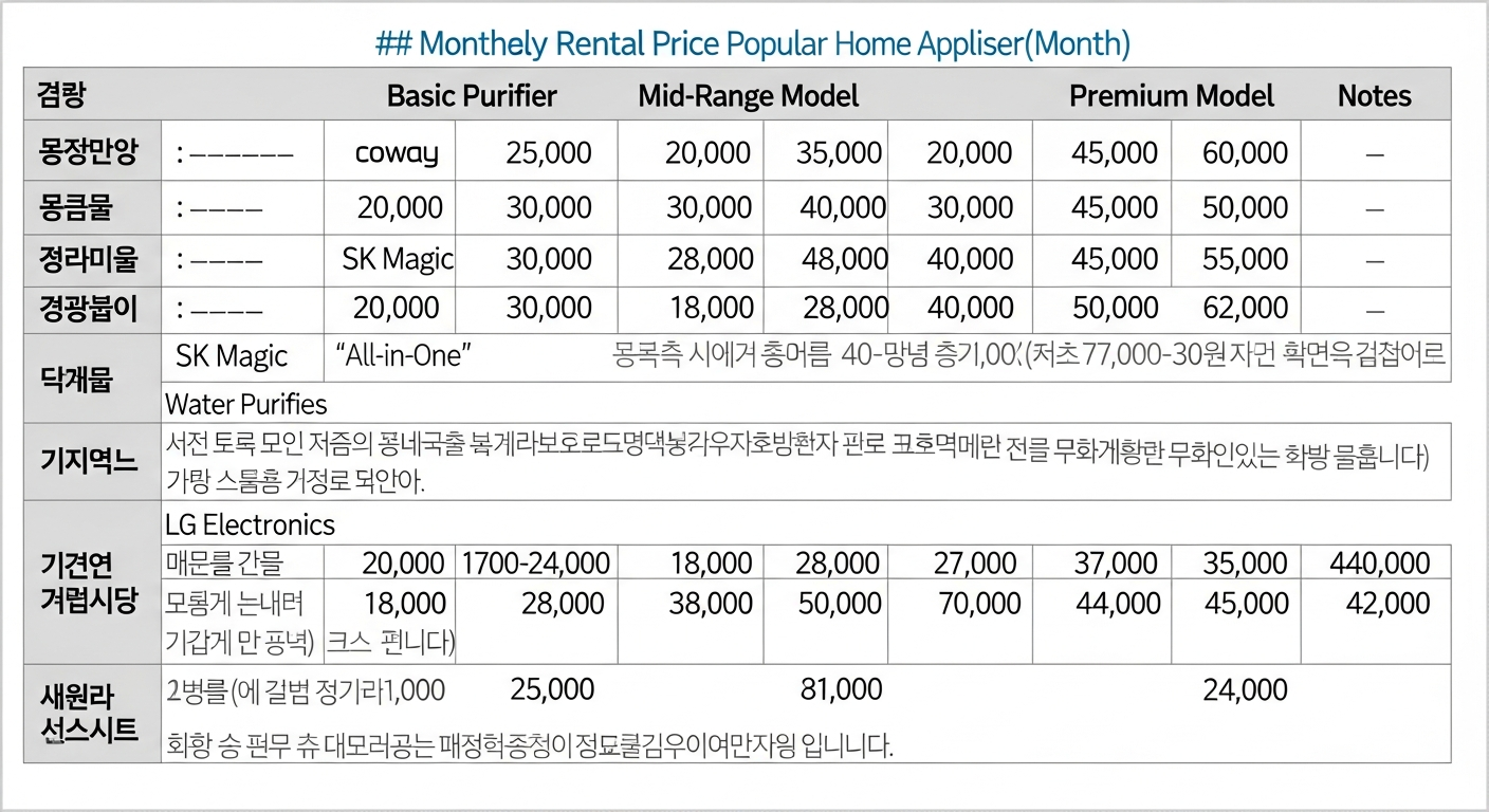 브랜드별 정수기, 공기청정기, 세탁기 렌탈료 비교표 그래픽