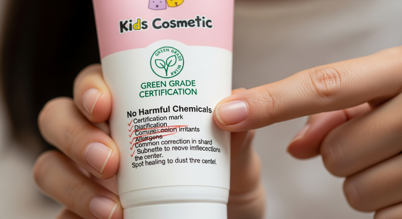 부모가 어린이 화장품의 성분표를 꼼꼼히 확인하는 모습