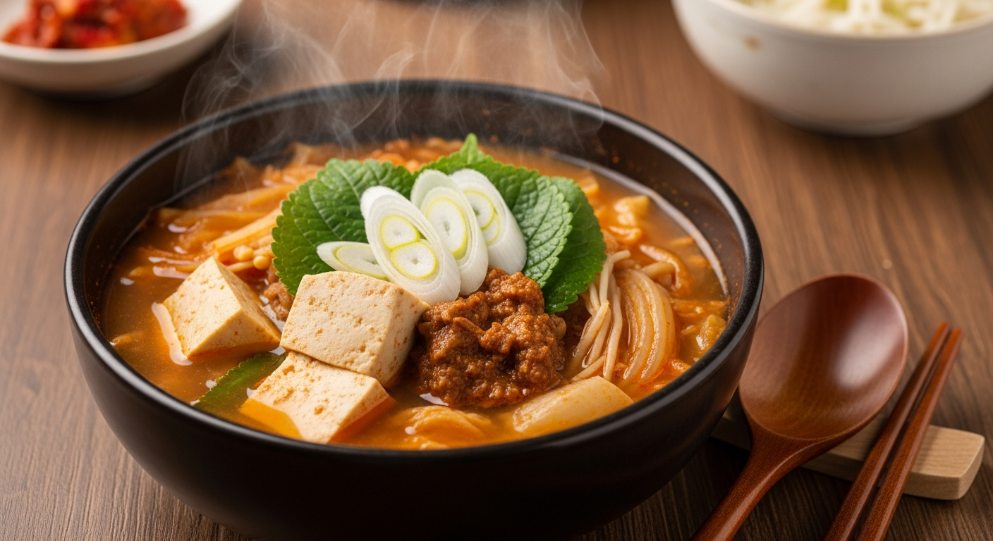 봄동과 두부가 들어간 된장국, 김이 모락모락 나는 따뜻한 주방 배경