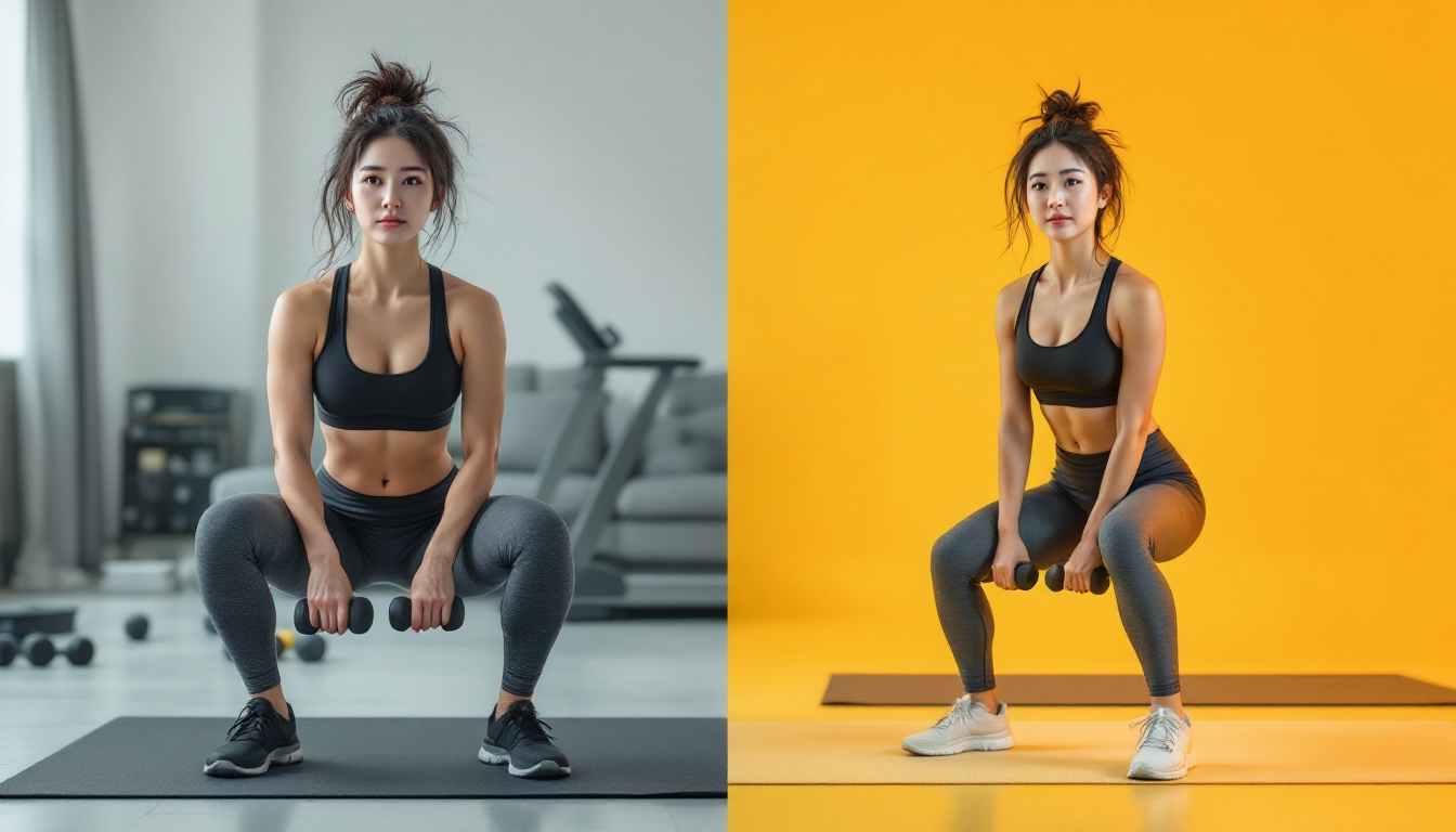 근력 운동과 유산소 운동을 병행하는 모습을 보여주는 한국인 여성의 분할 장면 이미지