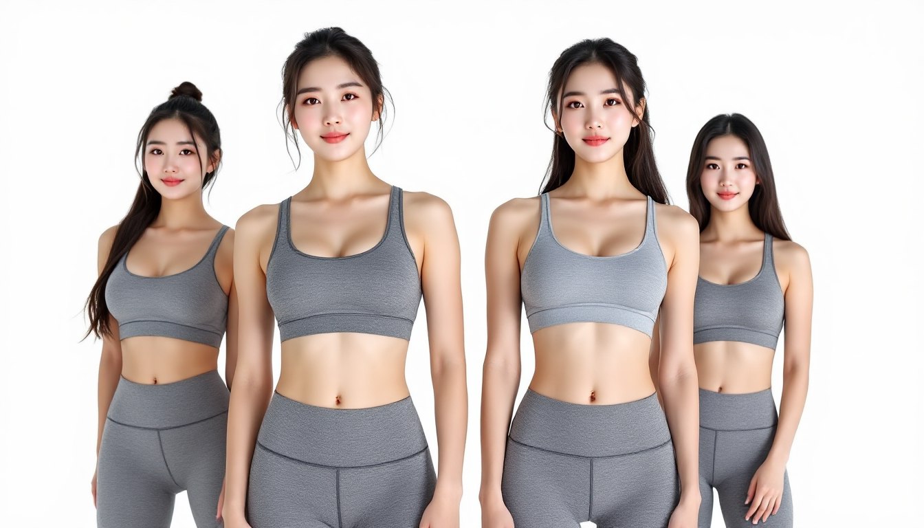 사과형 배형 모래시계형 역삼각형 체형을 나란히 보여주는 한국인 성인 4인 몽타주